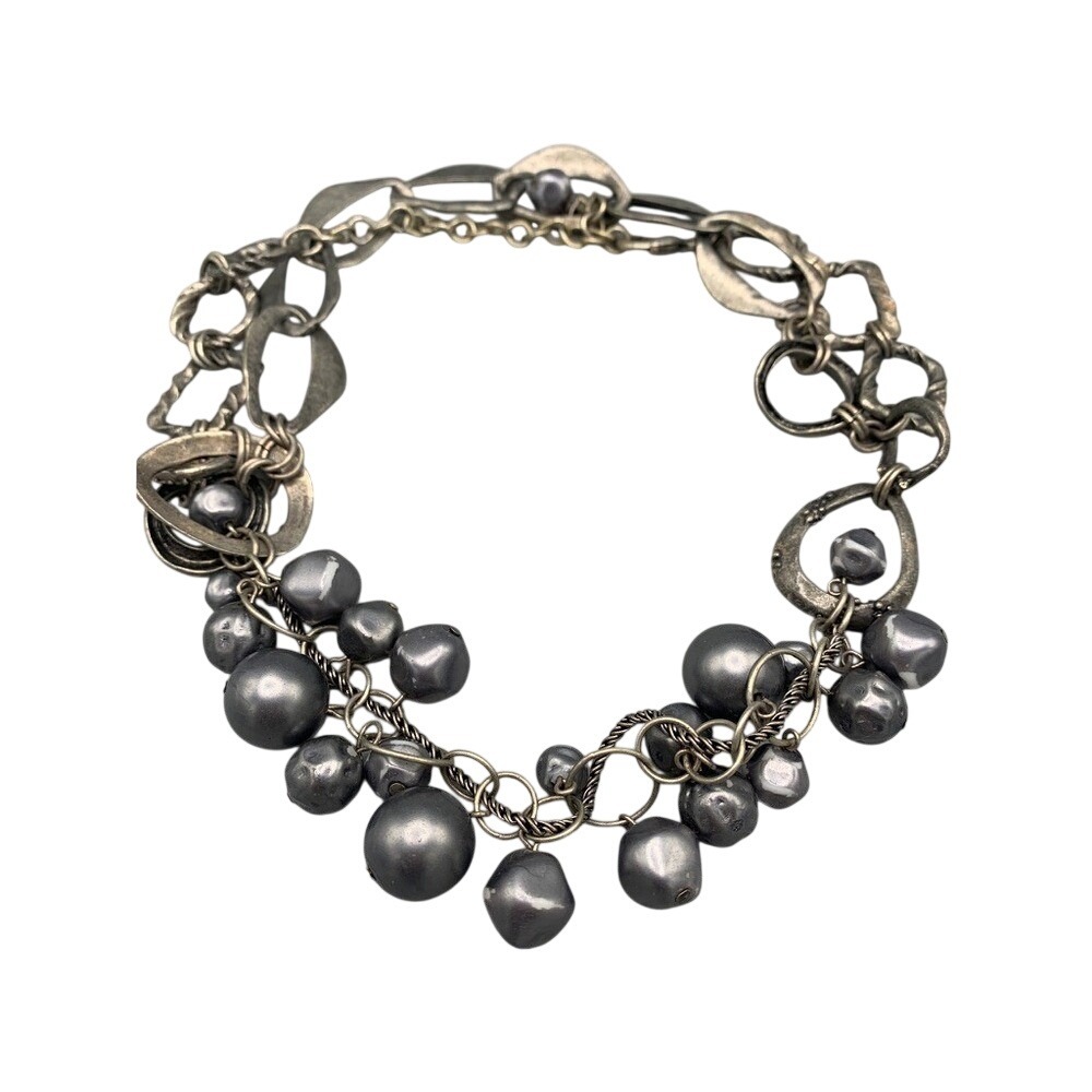 Chicos Vintage-Look Silver-Tone Metal & Faux Boho Funky Pearl Statement Necklace